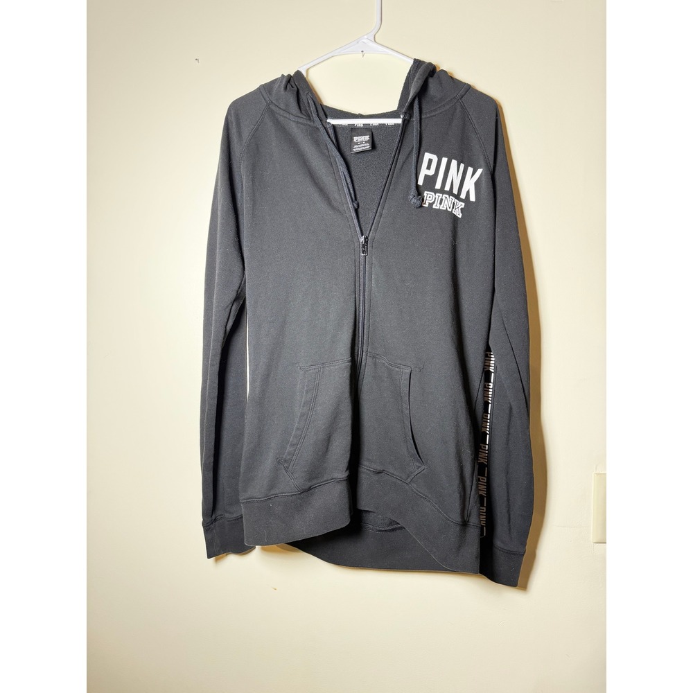 Victoria's Secret PINK Full Zip Hoodie Black Logo Tape Sleeve Sweatshirt Medium